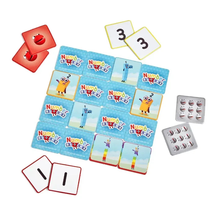 Colorful square tiles featuring Numberblocks characters, digits 1 to 7, and blue card backs on a white background.