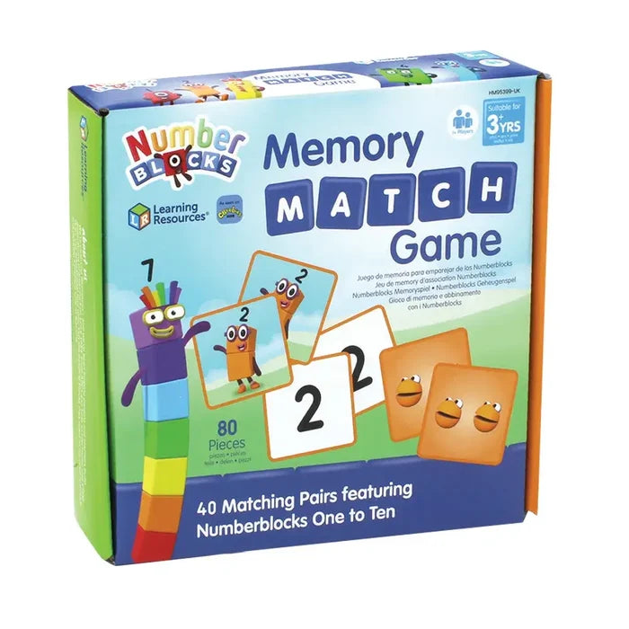 Blue box showing a rainbow block character and matching game cards with numbers and faces for ages 3 and up.