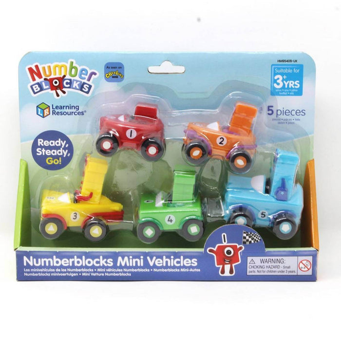 Five colorful toy vehicles numbered 1 to 5 in a display box, with matching colors and shape-patterned wheels.