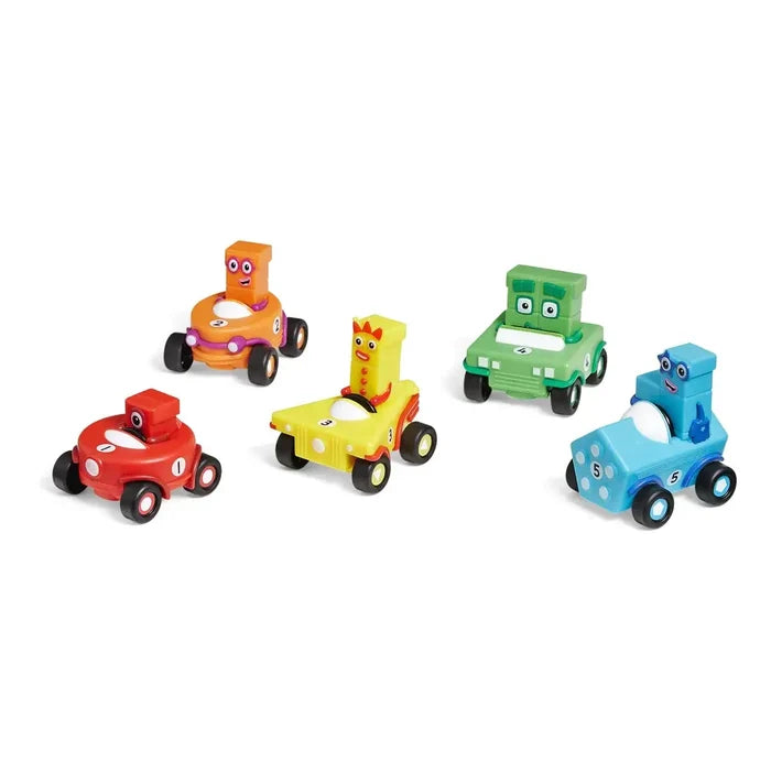 Five colorful Numberblocks toy cars in red, orange, yellow, green, and blue, each with a character block and number.