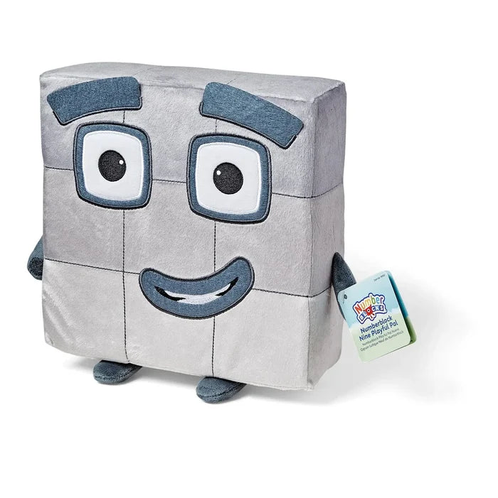 Square gray plush toy with 3x3 grid stitching, large eyes, blue-gray eyebrows, a smile, and an attached product tag.