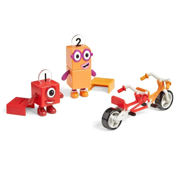 Red one-block and orange two-block characters standing with a matching red and orange tandem bicycle.