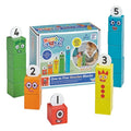 Red, orange, yellow, green, and blue wooden block characters with faces and numbers 1-5 around their product box.