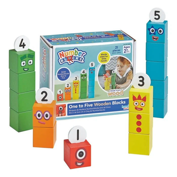 Red, orange, yellow, green, and blue wooden block characters with faces and numbers 1-5 around their product box.