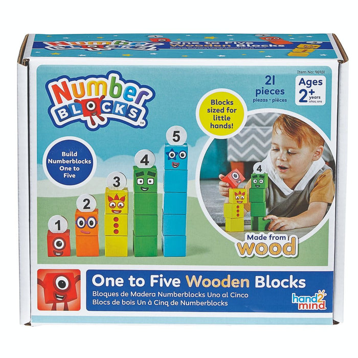 Box for wooden blocks featuring colorful stacks of cubes with faces, numbers 1 to 5, and a toddler playing.