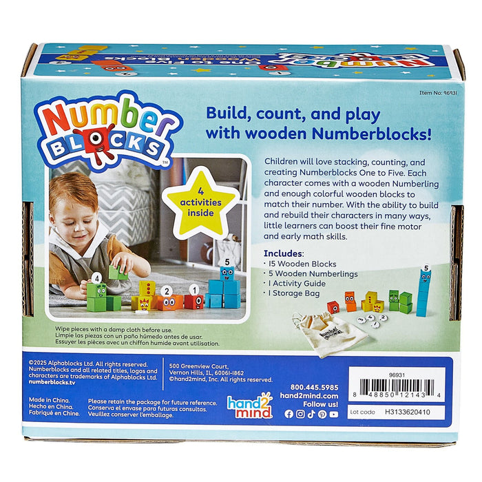 Back of toy box showing a child playing with colorful wooden blocks and character face tiles, plus a storage bag.