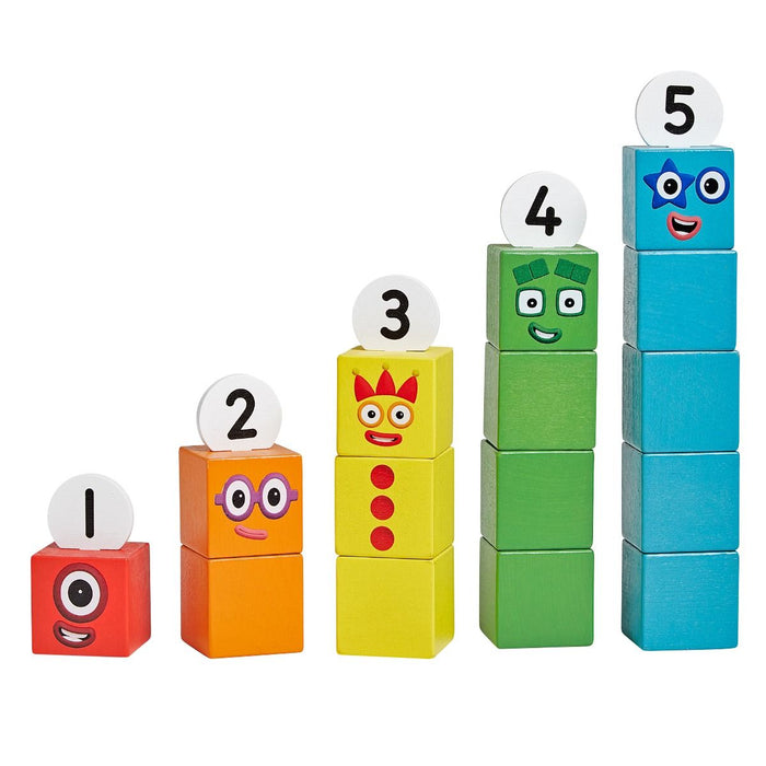 Five colorful wooden block stacks in increasing height with character faces and numbered white discs on top.