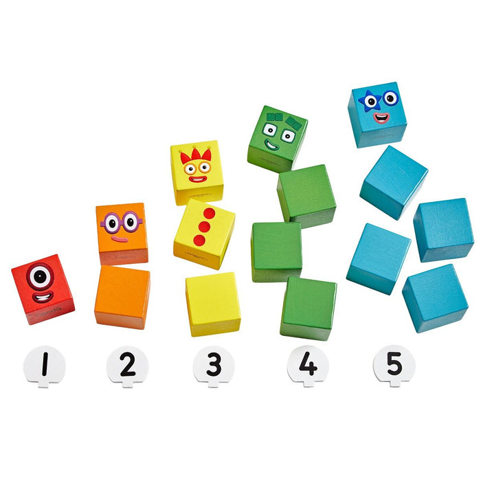 Colorful wooden blocks with character faces stacked in groups of 1 to 5 above matching white number markers.
