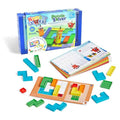 Colorful geometric puzzle pieces, challenge cards, and a game board displayed with the blue Numberblocks branded box.
