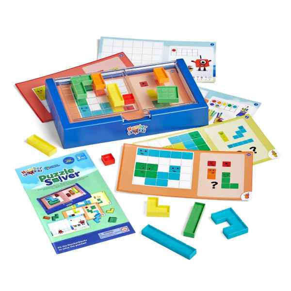 Blue game case with colorful geometric blocks and illustrated puzzle cards featuring Numberblocks characters.
