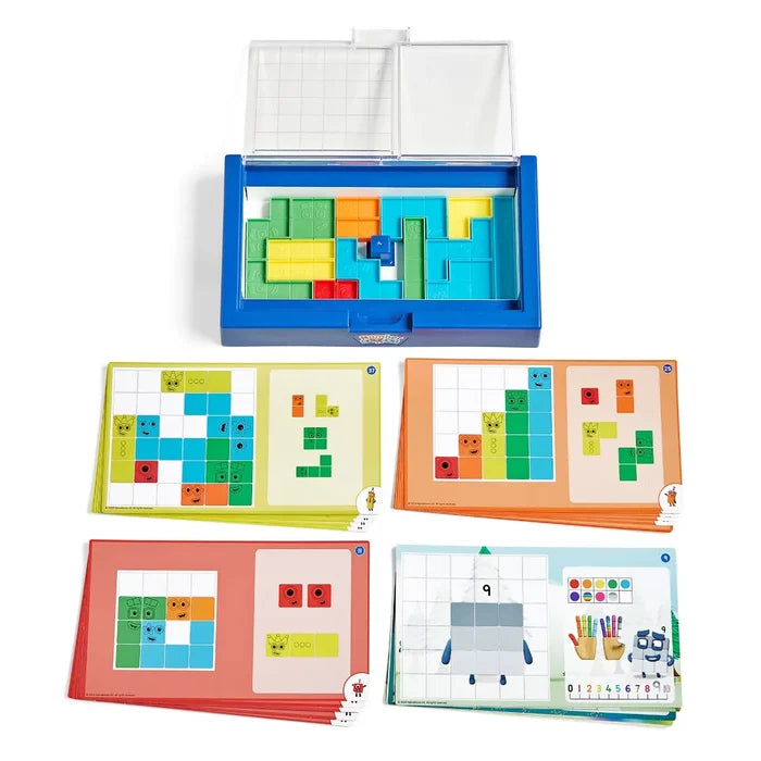 Blue puzzle tray with colorful geometric blocks and challenge cards featuring Numberblocks characters.