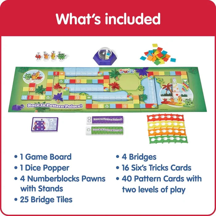Numberblocks game set with colorful board, purple dice popper, character pawns, 4 plastic bridges, tiles, and cards.