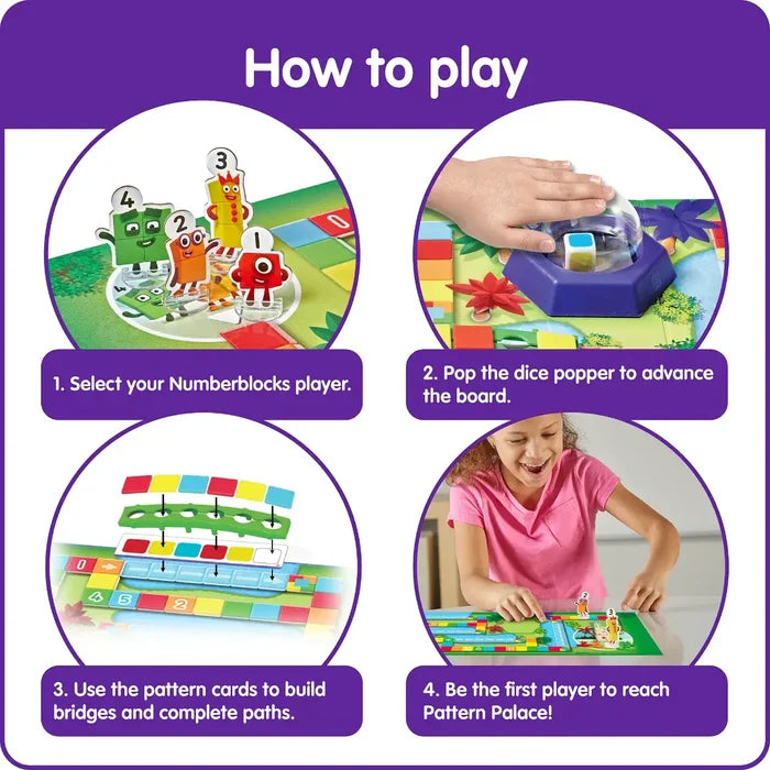 Four panels show how to play using colorful character figures, a purple dice popper, and pattern cards on a game board.