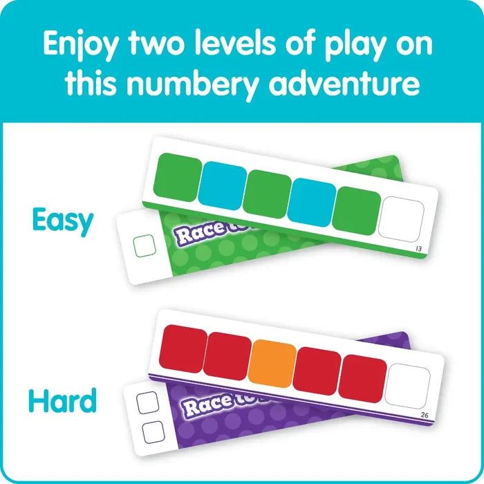 Easy and hard level game strips with colorful square patterns in green, blue, red, and orange for two levels of play.