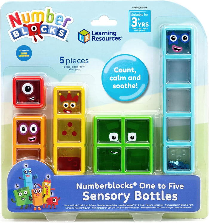 Five colorful, liquid-filled sensory bottles shaped like Numberblocks characters 1-5 in clear blister packaging.