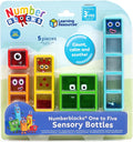 Five colorful, liquid-filled sensory bottles shaped like Numberblocks characters 1-5 in clear blister packaging.