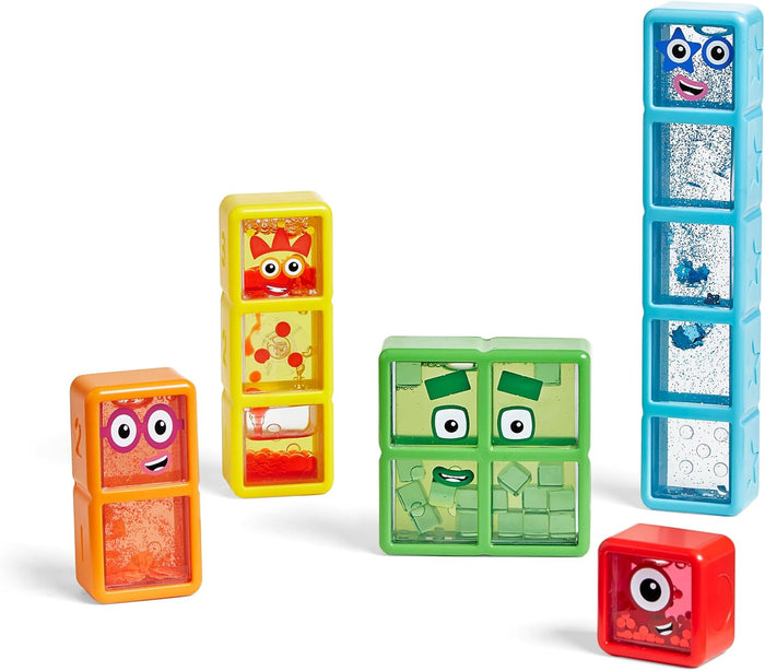 Five colorful Numberblocks sensory bottles 1-5 with character faces and unique liquid, glitter, and bead fillings.
