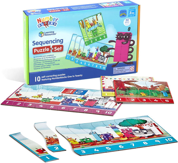 Numberblocks Sequencing Puzzle box with colorful, numbered self-correcting strips showing character sequences.