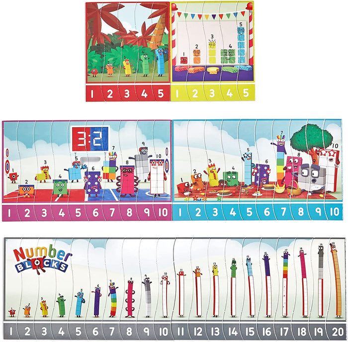 Five colorful Numberblocks vertical strip puzzles with number sequences 1-5, 1-10, and 1-20 in various scenes.