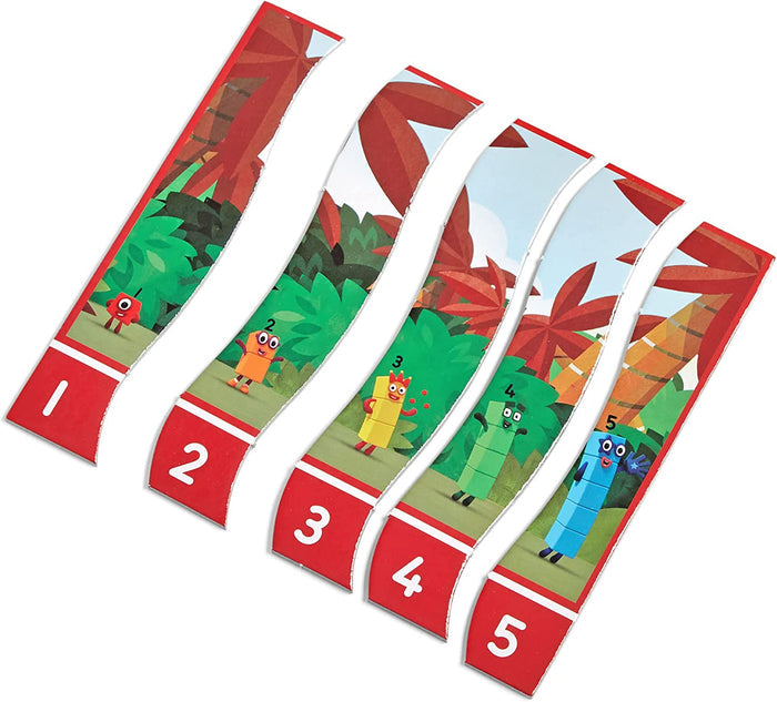 Five vertical puzzle strips featuring Numberblocks 1-5 and matching numbers on a red base with a jungle background.