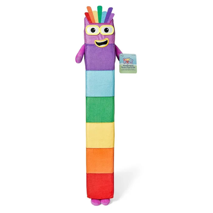 Long plush toy with seven colorful stacked blocks, a smiling purple face, yellow glasses, and rainbow hair tufts.