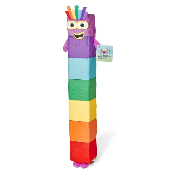 Tall plush toy of seven stacked rainbow cubes with a smiling face, yellow glasses, and colorful hair spikes.