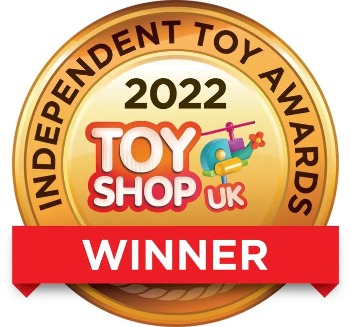 Gold Independent Toy Awards 2022 seal featuring the Toy Shop UK logo and a red banner reading WINNER.