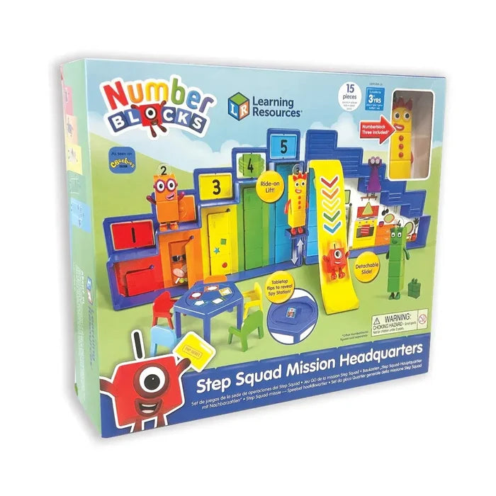 Colorful toy box for a blue and yellow Numberblocks headquarters featuring a slide, lift, and character figures.