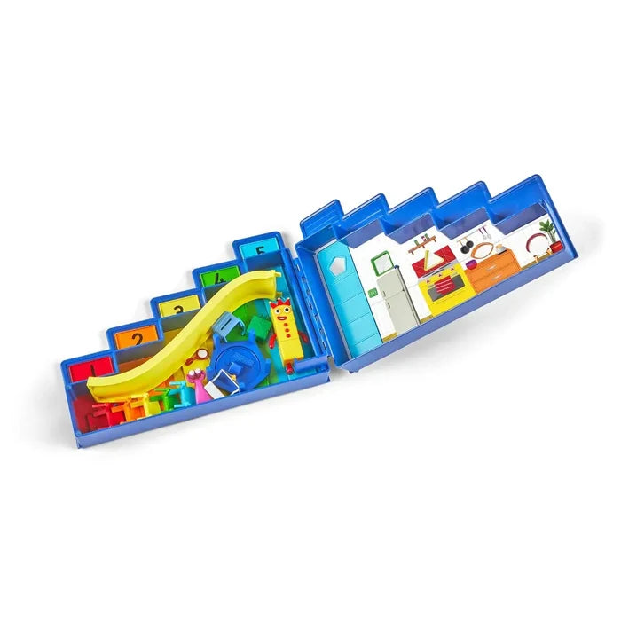Open blue stepped case reveals a yellow slide, number 5 figure, and interior rooms with colorful toy accessories.