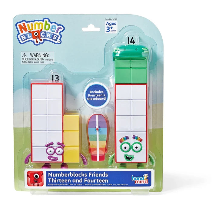 Numberblocks 13 and 14 block-style figures and a rainbow skateboard accessory in original blue and white packaging.