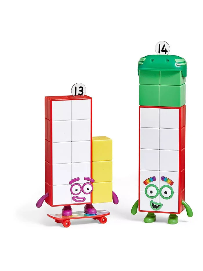 Red, white, and yellow block figure 13 on a skateboard next to tall red, white, and green figure 14.