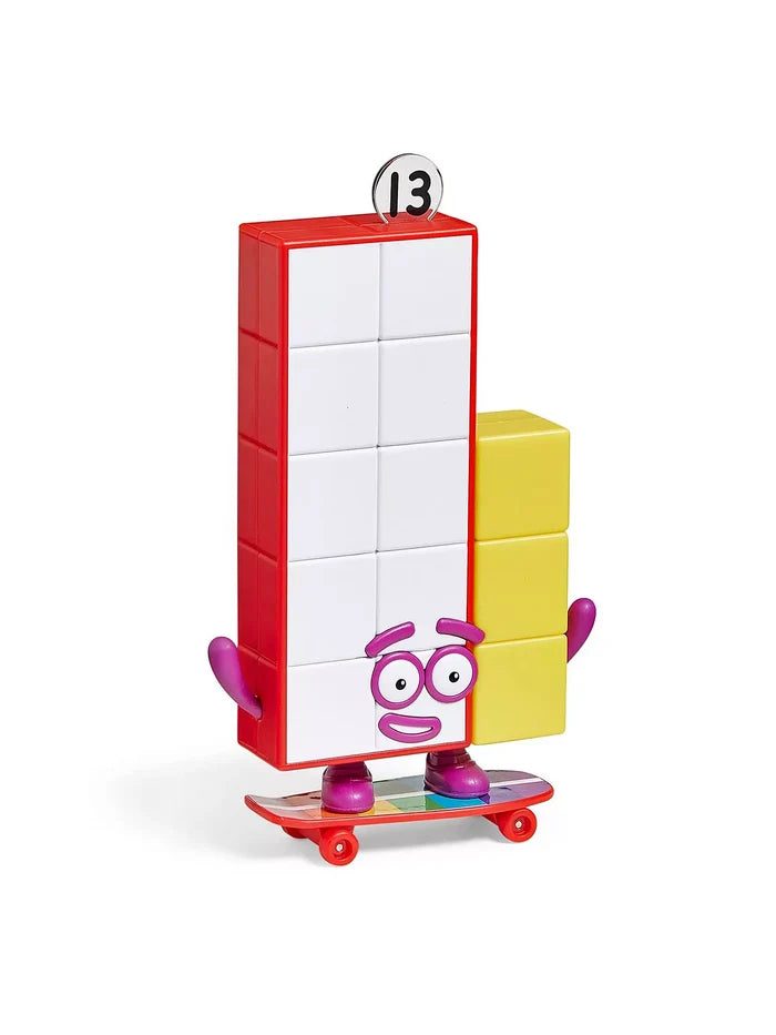 Numberblock Thirteen toy figure on a rainbow skateboard, featuring red, white, and yellow blocks.