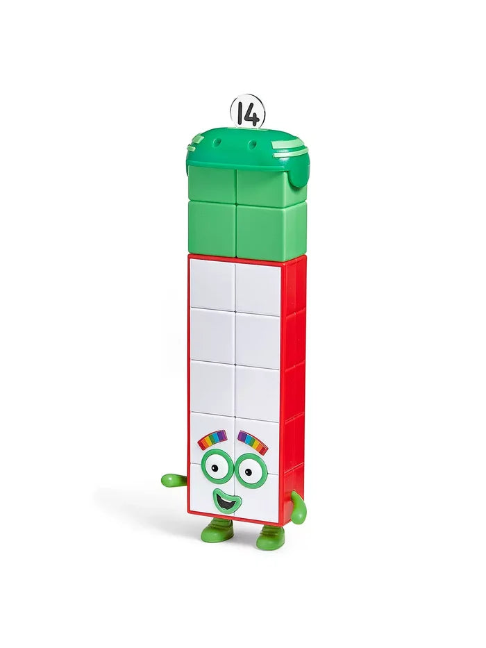 Numberblocks Fourteen toy figure: a tall tower of green and white blocks with a 14 tag and rainbow eyebrows.