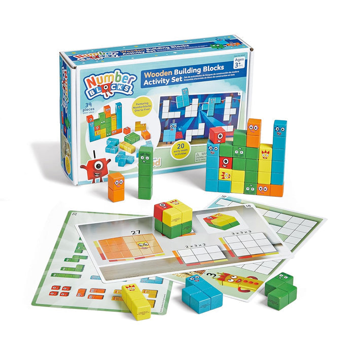 Colorful wooden blocks with character faces, math activity cards, and box for the Numberblocks building set.