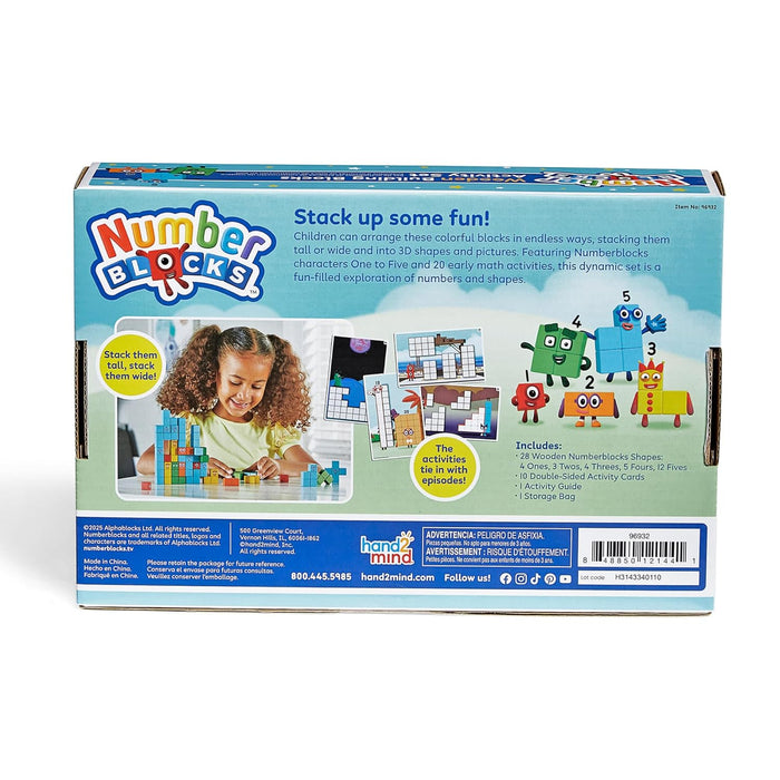Blue packaging for Numberblocks building set showing colorful wooden blocks, character designs, and a child playing.