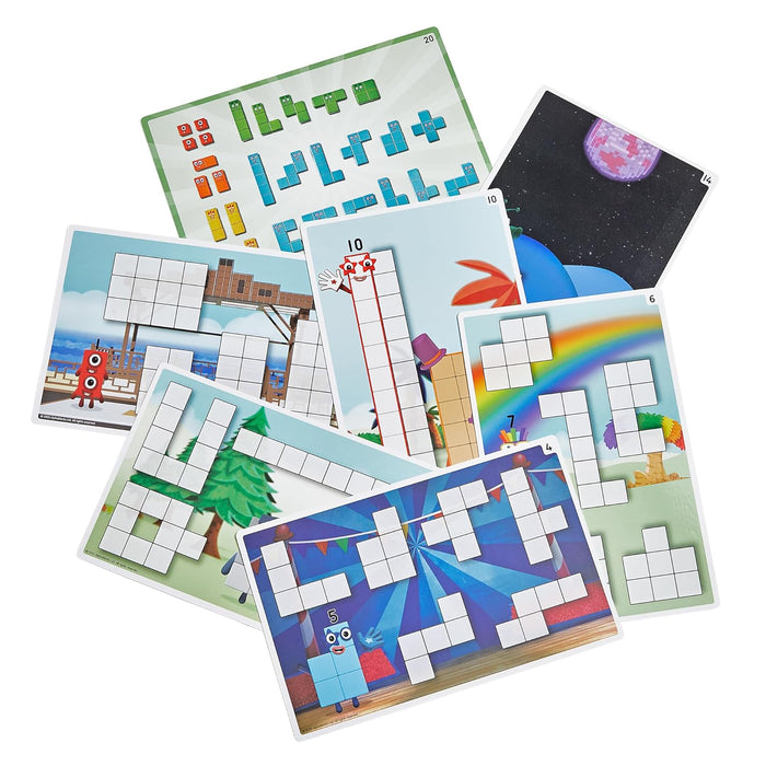 Colorful activity cards featuring Numberblocks characters and white grid outlines for placing wooden building blocks.