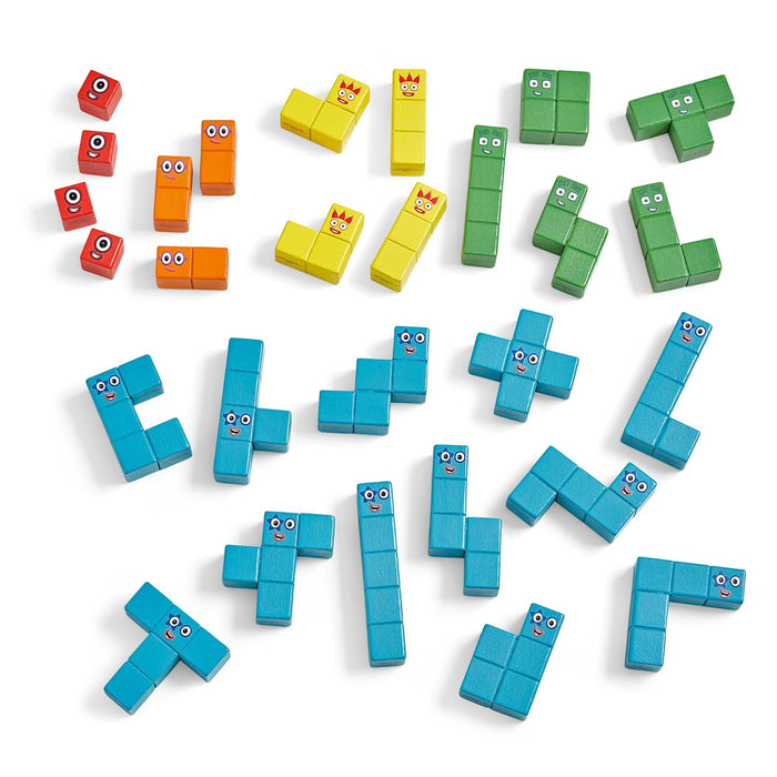 Red, orange, yellow, green, and blue wooden blocks in various shapes with friendly cartoon character faces.