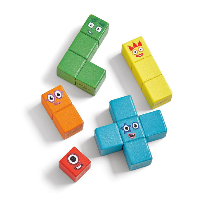 Five colorful wooden Numberblocks characters in various shapes with friendly faces on a white background.