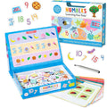 Open blue storage box with colorful magnetic number tiles, icon magnets, activity cards, and a white dry-erase marker.