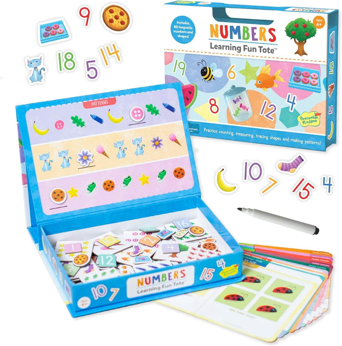 Open blue storage box with colorful magnetic number tiles, icon magnets, activity cards, and a white dry-erase marker.