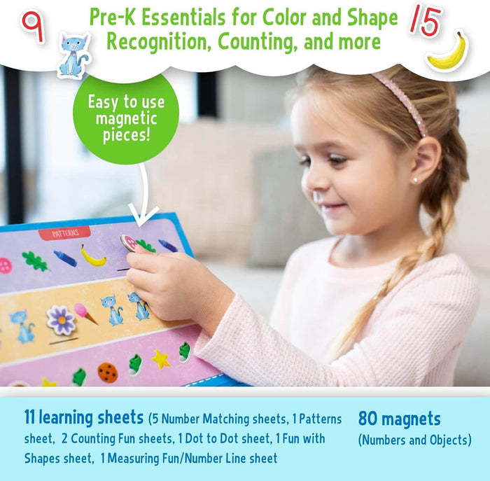 A child playing with a magnetic activity board featuring colorful shapes, patterns, and numbers for learning.