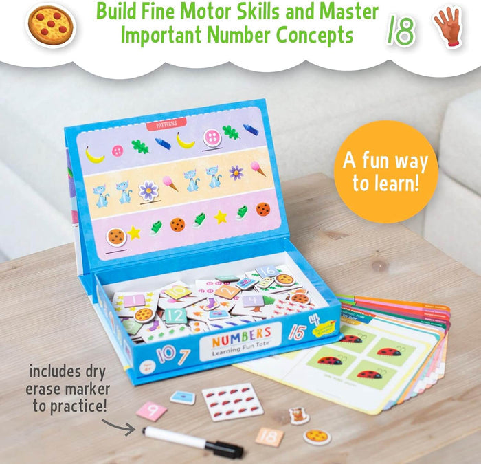 Open blue learning tote with magnetic numbers, pattern board, dry erase marker, and animal-themed activity cards.