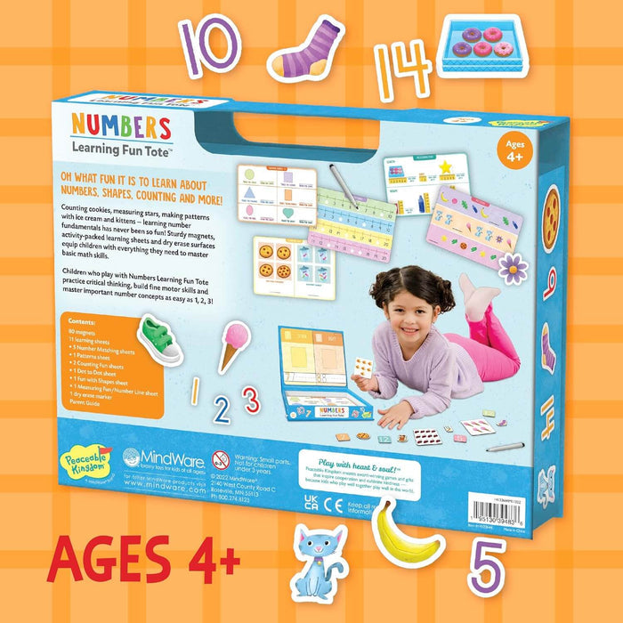 Blue toy box shows a girl playing with magnets, surrounded by colorful numbers, a kitten, and a banana. Ages 4+.