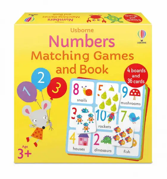 Yellow game box featuring a mouse with balloons and a sample grid of colorful number and animal matching cards.