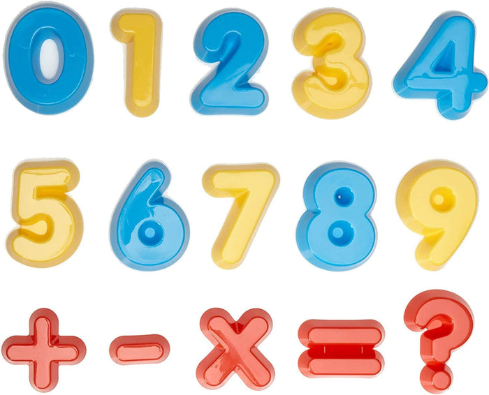 Colorful blue and yellow plastic number moulds 0-9 with red plus, minus, multiply, equals, and question mark symbols.
