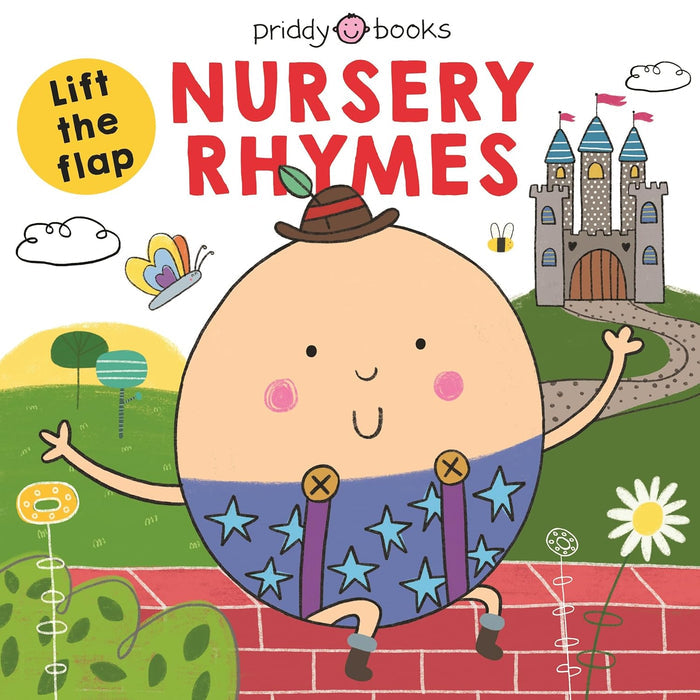 Colorful nursery rhyme book cover featuring Humpty Dumpty in star overalls on a brick wall with a castle background.