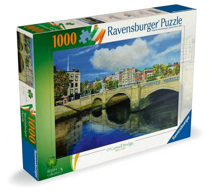 Box for a 1000-piece puzzle showing a painting of O'Connell Bridge and city buildings reflected in a Dublin river.