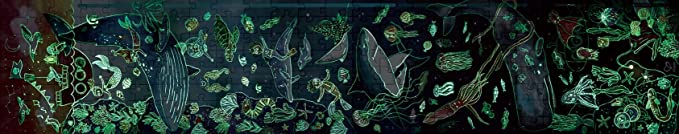 Panoramic puzzle with neon green glowing outlines of whales, sharks, and divers against a dark background.