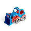 Blue and orange plastic toy scooper featuring a movable front bucket and four chunky grey wheels.