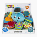 Colorful plush octopus toy with textured legs, mirror, and rings in a white Lamaze branded display box.